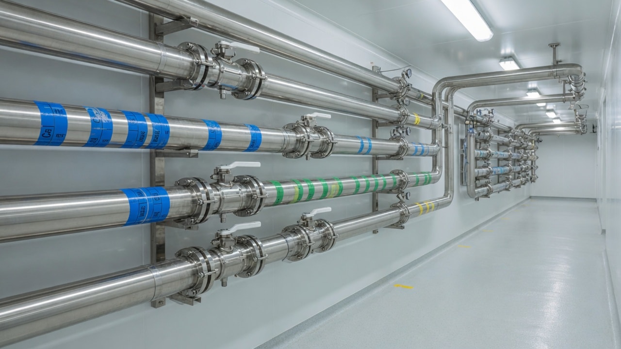 Tubulação sanitária de aço inox em planta farmacêutica